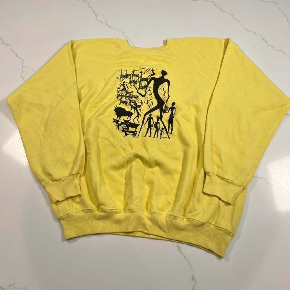 Hanes Sweatshirt Mens XL Vintage Heidi Lange African Art Tribal Yellow 90s 80s